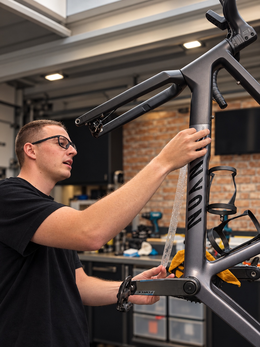 Deelnemer brengt transparante Bike Armour beschermfolie aan op een fietsframe