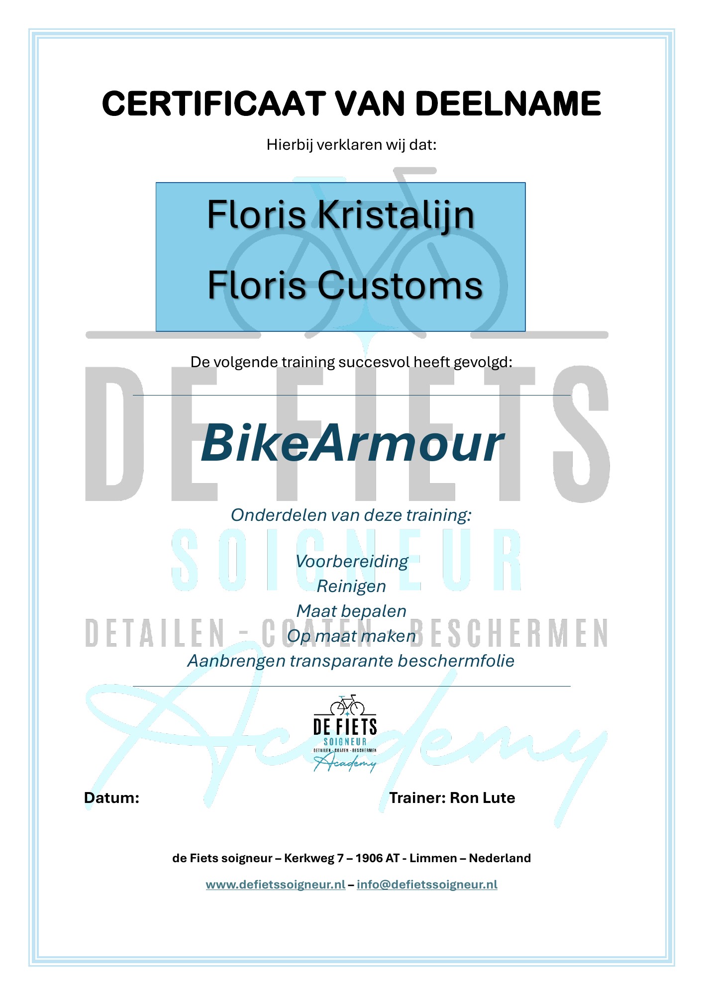 Voorbeeld van het certificaat van deelname aan de Bike Armour training van De Fiets Soigneur Academy