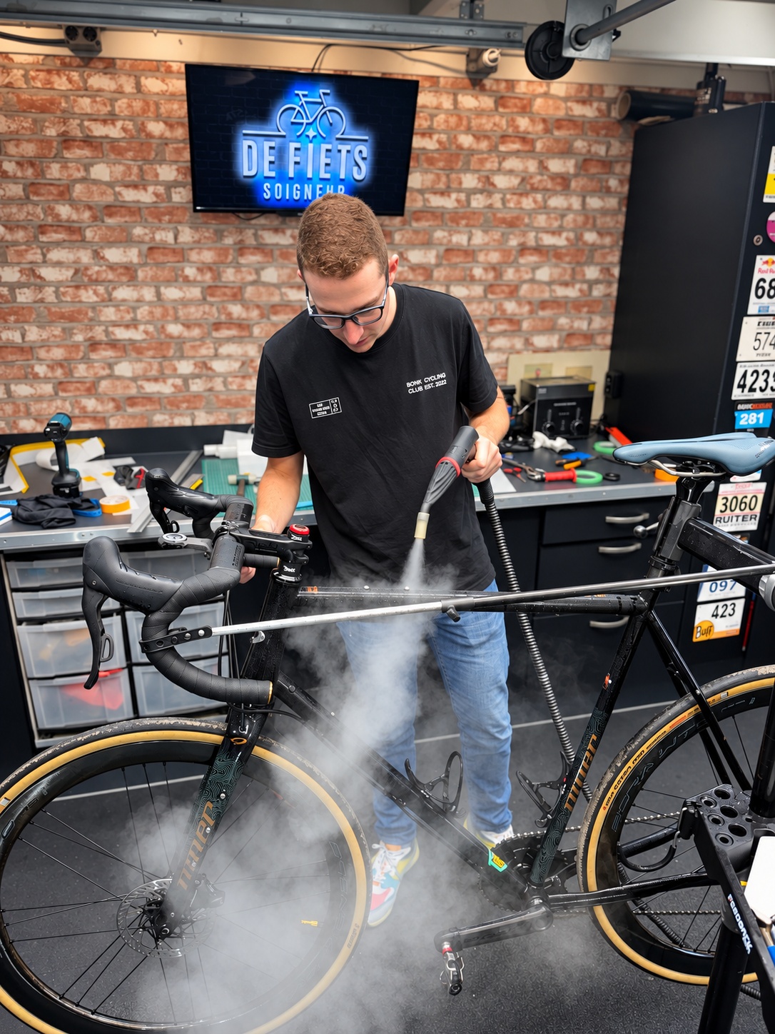 Deelnemer voert stoomreiniging uit tijdens de training Fietsdetailing
